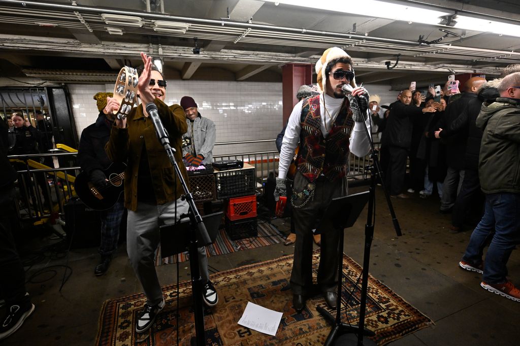 THE TONIGHT SHOW STARRING JIMMY FALLON -- Episode 2077 -- Pictured: (l-r) Host Jimmy Fallon with rapper & singer Bad Bunny during "Subway Busking" with The Roots on Monday, January 13, 2025 -- (Photo by: Todd Owyoung/NBC via Getty Images)