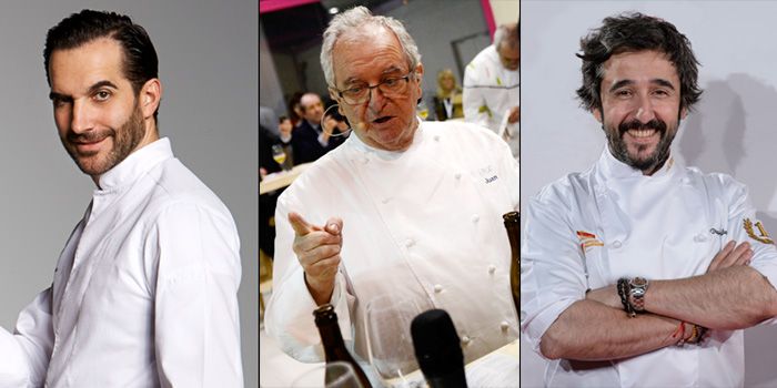 De izquierda a derecha, los chefs al frente de los establecimientos premiados con el galardón al 'Mejor Restaurante': Mario Sandoval ('Coque'); Juan Mari Arzak ('Arzak') y Diego Guerrero ('DSTAgE').
