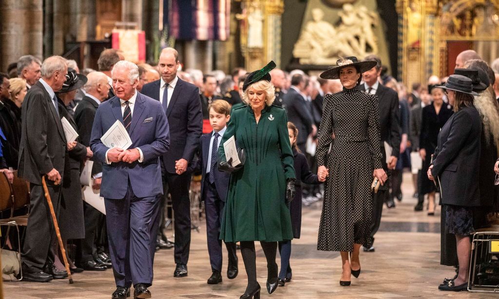 prince charles who sat next to his mother during the service attended with his wife the duchess of cornwall 