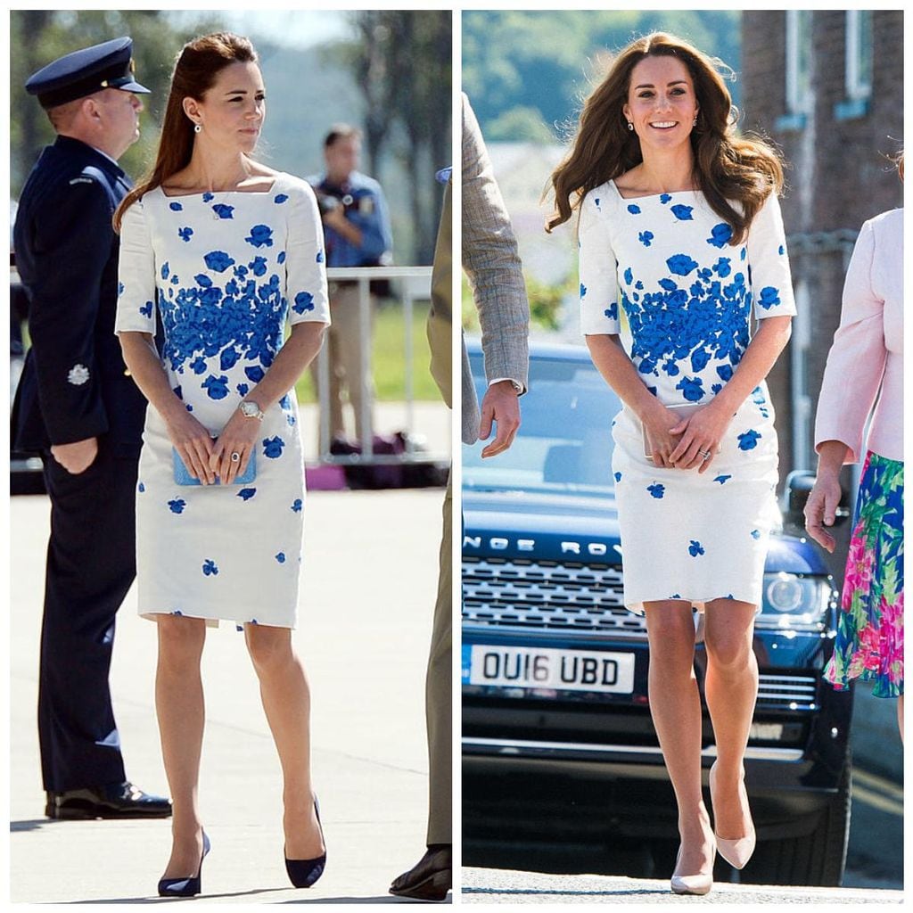 kate middleton con vestido de l k bennett blanco de flores azules en 2014 y 2016