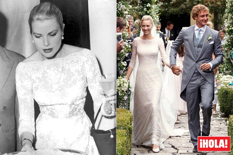 A la derecha una imagen de Grace Kelly, tomada en 1955 durante el Festival de Cannes, el mismo en el que conocería al príncipe Raniero. A la izquierda, su nieto, Pierre Casiraghi en el día de su boda con Beatrice Borromeo, una aristócrata italiana que se ha convertido en la imagen de lo que se conoce ya como el "nuevo glamour" de Mónaco
