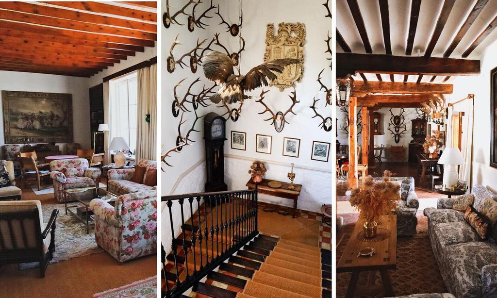 
A la izquierda, el salón principal de la casa y vista de la escalera con un águila imperial que tiene al menos 80 años. A la derecha, el salón de la planta baja, más utilizado en verano por ser el más fresco.
