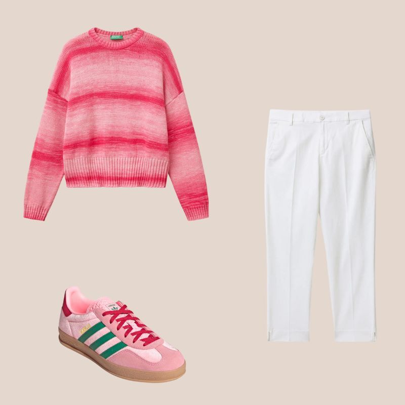 pantalones capri, jersey rosa y adidas gazelle