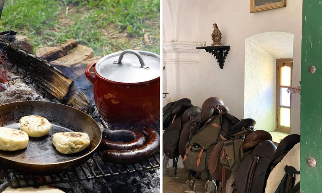 
En el sentido de las agujas del reloj: la mesa para el almuerzo, perfectamente dispuesta con productos locales; George Scott, quien nos guía a través de la sierra con su caballo, Igloo; la comida hecha en el puchero, sin prisa; y varias monturas perfectamente colocadas después de un día a caballo.
