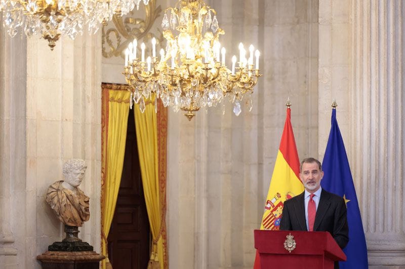 El rey Felipe dando un discurso en el Salón de Columnas del Palacio Real