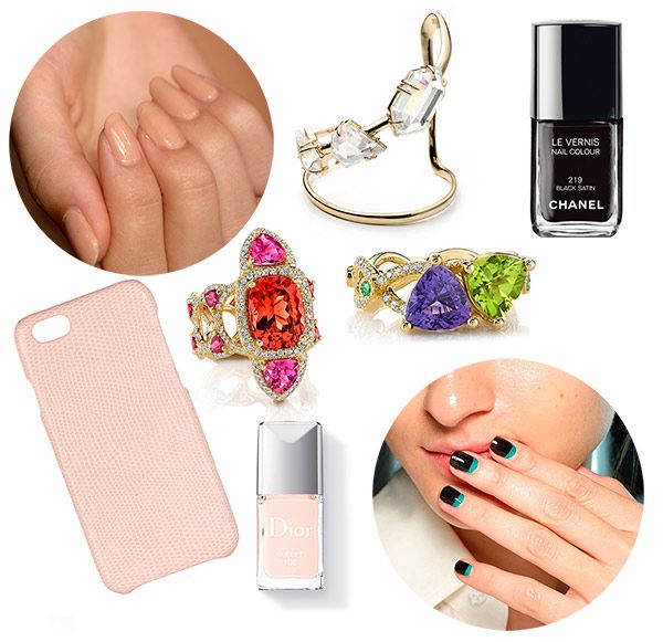 Manicura de Alberta Ferretti. Anillo de oro amarillo con turmalinas rosa, diamantes y rubelitas, de Erica Courtney. Funda de piel en color rosa para iPhone 6, de The case Factory a la venta en Net-a-porter. Laca de uñas en tono Muguet, de Dior. 