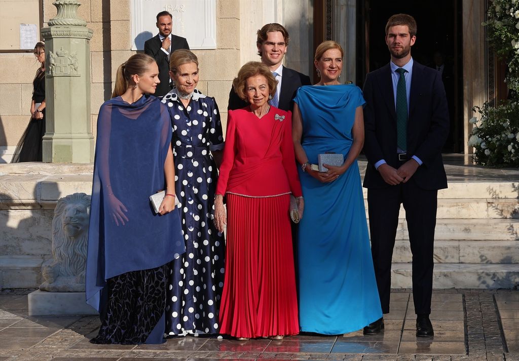 Queen Sofia, with her daughters and grandchildren, Irene, Miguel and Juan, at the wedding of Theodora of Greece