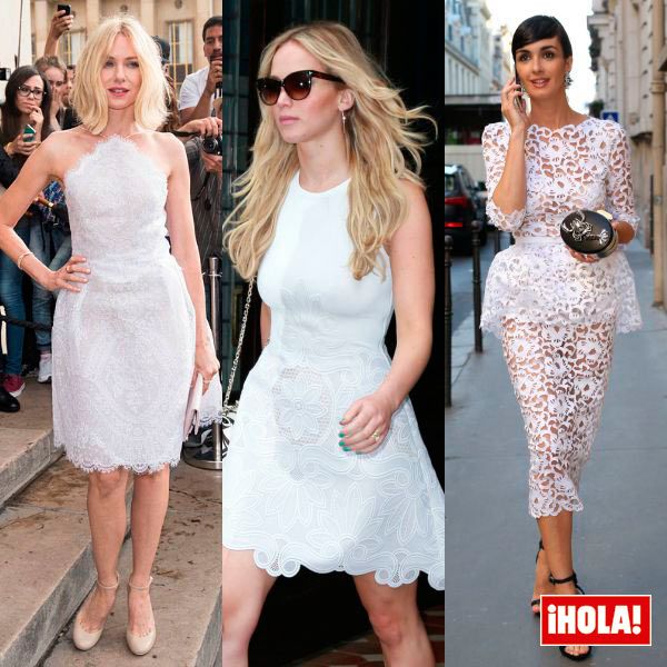 Tres ideas en una para una vestido blanco de fiesta: Naomi Watts, Jennifer Lawrance y Paz Vega, con diseños a la rodilla o midi, con troqueles de encaje.
