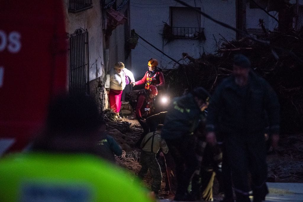 LETUR, ALBACETE, CASTILE-LA MANC, SPAIN - OCTOBER 29: Several emergency services help in the rescue work, on 29 October, 2024 in Letur, Albacete, Castilla-La Mancha, Spain. The old town of Letur, in the Sierra de Segura, has borne the brunt, with the stream overflowing and its streets turning into a torrent, where the water has swept away everything in its path. Around 30 people have been trapped in their homes in the center of Letur, in the vicinity of the Plaza del Ayuntamiento, by the flood. Five more people remain in a restaurant and another one has asked for help from the place La Cascada, near the town. (Photo By Victor Fernandez/Europa Press via Getty Images)