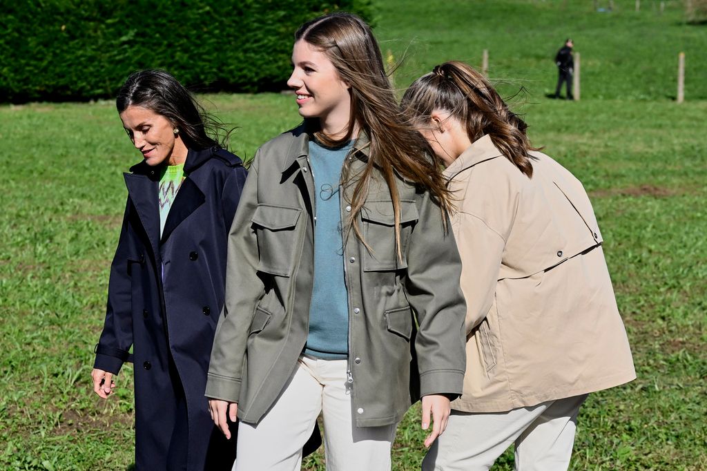 VILLAVICIOSA, SPAIN - OCTOBER 21: Queen Letizia of Spain, Princess Sofia of Spain and Crown Princess Leonor of Spain visit to Churches of Arroes, Pion and Candanal, which are been honoured as the 2023 Best Asturian Villages, the day after the 'Princesa de Asturias' Awards on October 21, 2023 in Villaviciosa, Spain. (Photo by Carlos Alvarez/Getty Images)