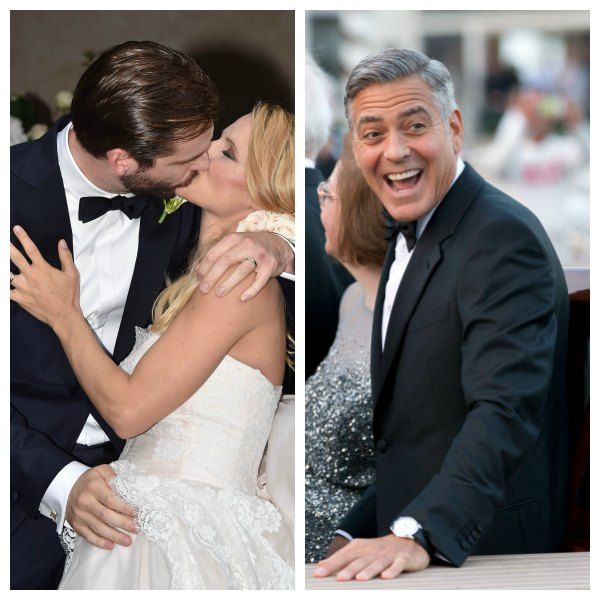 Geroge Clooney, de esmoquin con pajarita, todo en color negro, en su boda junto a Amal Clooney.
