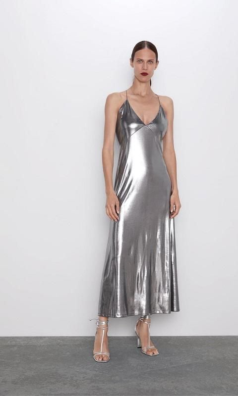 metallic dress with straps de zara