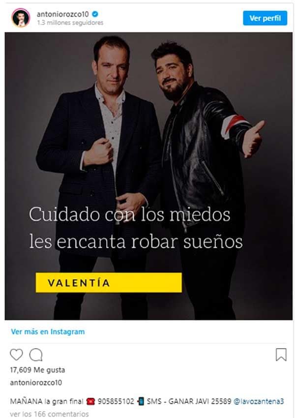 Antonio Orozco pide voto para Javier Moya en su Instagram