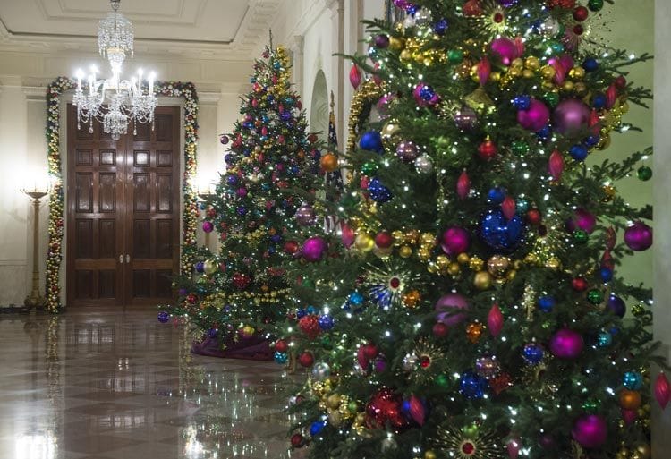 Los abetos que están en los pasillos de la Casa Blanca están cargados de grandes bolas de colores brillantes, enormes puntos de atención para todo el que pasa por estos pasillos
