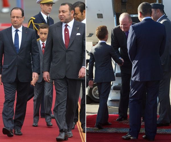 Moulay Hassan, al lado de su tio Molay Rachid, sigue los pasos de Francois Hollande - presidente de la República Francesa- y de su padre, el rey Mohamed VI, cuando pasan visita a las tropas durante la ceremonia de bienvenida al político europeo
