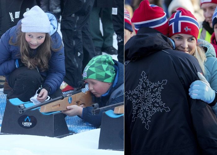 El biatlón es un deporte de invierno que combina el esquí de fondo con el tiro con rifle que forma parte del programa de los Juegos Olímpicos desde 1960. En este caso fue con un rifle láser y en la imagen la princesa Ingrid Alexandra observa como su hermano, el príncipe Sverre Magnus, prueba puntería. Una combinación de deportes que entraña gran dificultad ya que tras el esfuerzo físico que implica el esquí hay que dominar la respiración para no desviar el tiro
