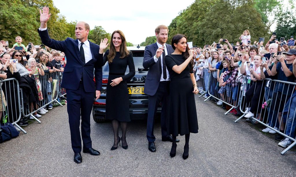 Catherine, Princess of Wales, Prince William, Prince of Wales, Prince Harry, Duke of Sussex, and Meghan, Duchess of Sussex on the long Walk at Windsor Castle on September 10, 2022 in Windsor, England.