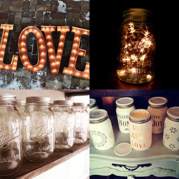 Decoración nupcial a la venta en Etsy: letras iluminadas de metal y madera, de GoldenSpikeSawdust; cadena de estrellas con bombillas LED de luz cálida, de GlitterAndMasonJars; jarrones de cristal Masons, de HanorManor; jarrones de cristal Masons customizados con mensajes, figuras y mandalas, de SavesPast. 