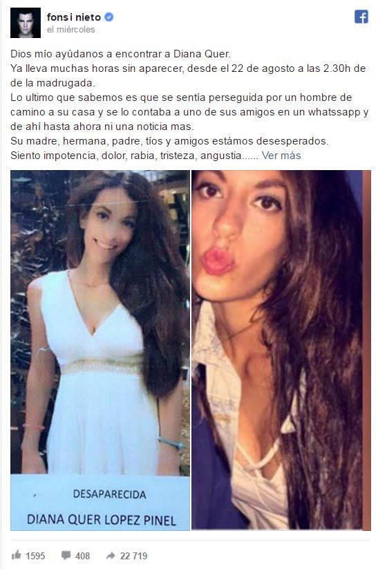 El piloto ha escrito en redes sociales un mensaje destinado a difundir lo ocurrido a Diana y pidiendo ayuda para encontrar alguna pista sobre su paradero
