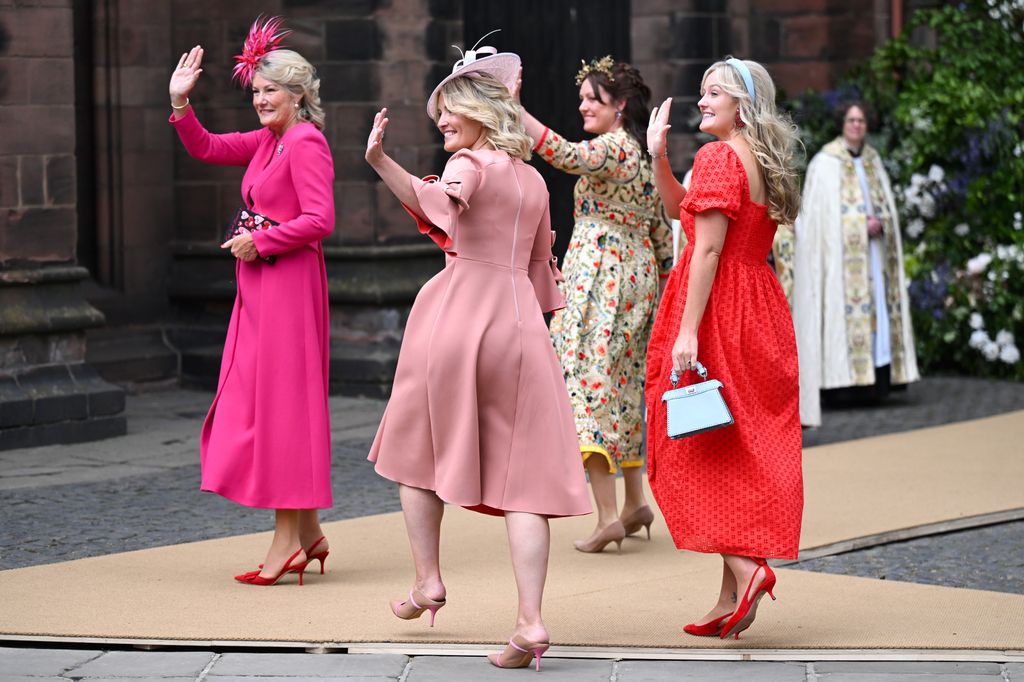 CHESTER, ENGLAND - JUNE 07: (L-R) Natalia Grosvenor, Duchess of Westminster, Lady Edwina Grosvenor, Lady Tamara Grosvenor and Lady Viola Grosvenor attend the wedding of The Duke of Westminster and Miss Olivia Henson at Chester Cathedral on June 07, 2024 in Chester, England. (Photo by Samir Hussein/WireImage)