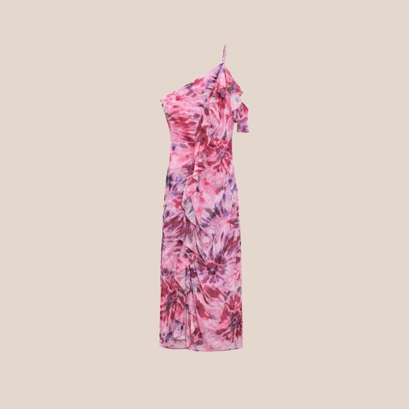 zara vestido asimetrico flores volantes