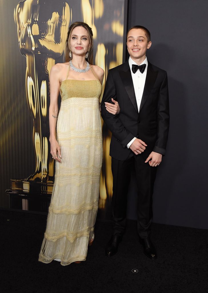 HOLLYWOOD, CALIFORNIA - NOVEMBER 17: Angelina Jolie and Knox Jolie-Pitt arrives at the 2024 Governors Awards at Dolby Theatre on November 17, 2024 in Hollywood, California.  (Photo by Steve Granitz/FilmMagic)