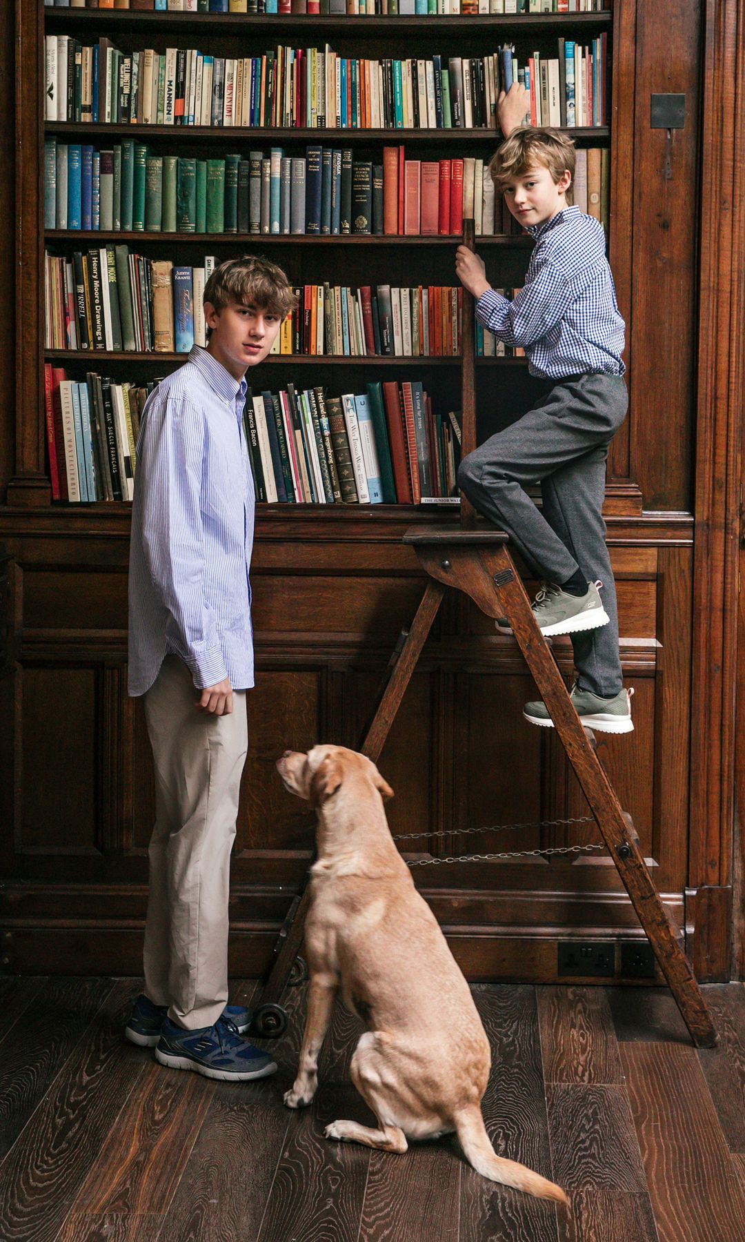 Alexander y Harry posan junto a la mascota de la familia, un labrador llamado "Basil", en la sala de billar y juegos