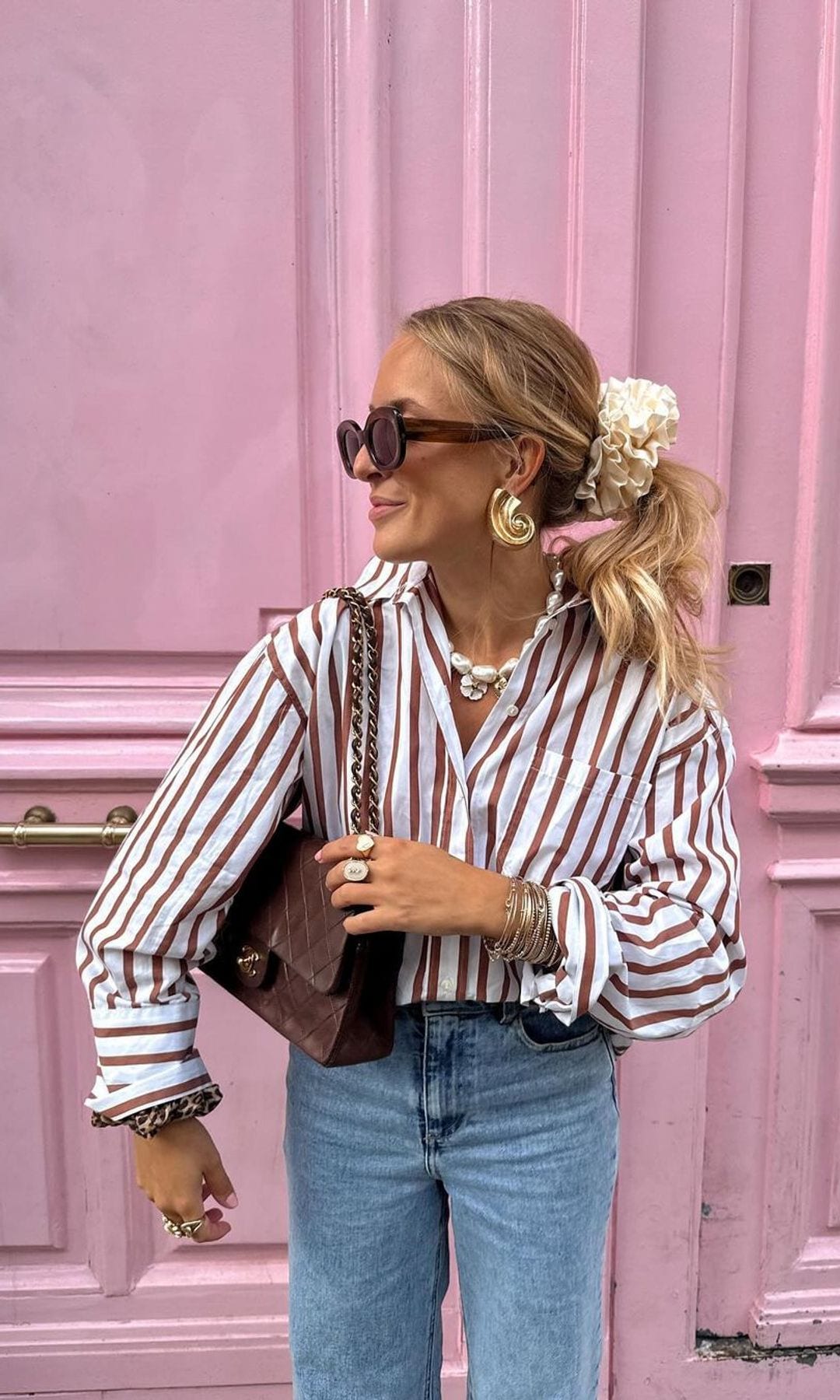 striped shirt and gold jewelry