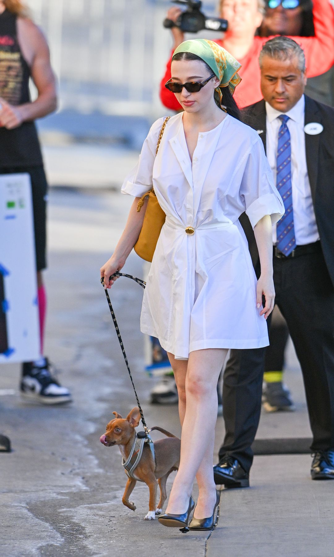 Mikey Madison paseando a su perrito en un vestido Loewe