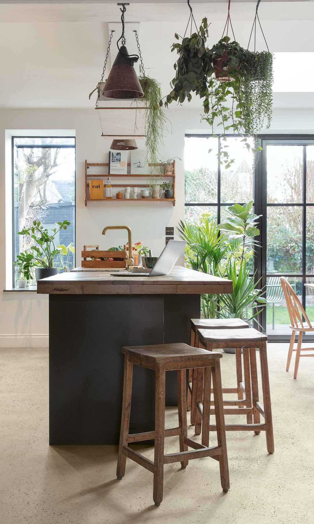 Cocina con isla, taburetes de madera y plantas colgantes 