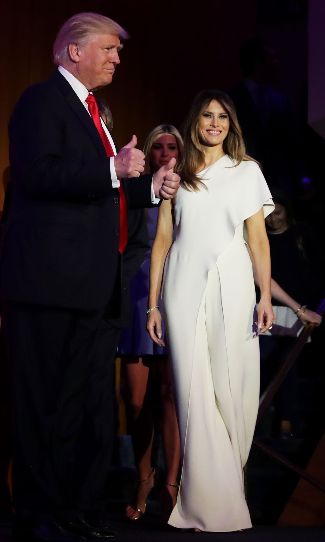 NEW YORK, NY - NOVEMBER 09:  Republican president-elect Donald Trump walks on stage with his wife Melania Trump during his election night event at the New York Hilton Midtown in the early morning hours of November 9, 2016 in New York City. Donald Trump defeated Democratic presidential nominee Hillary Clinton to become the 45th president of the United States.  (Photo by Chip Somodevilla/Getty Images)