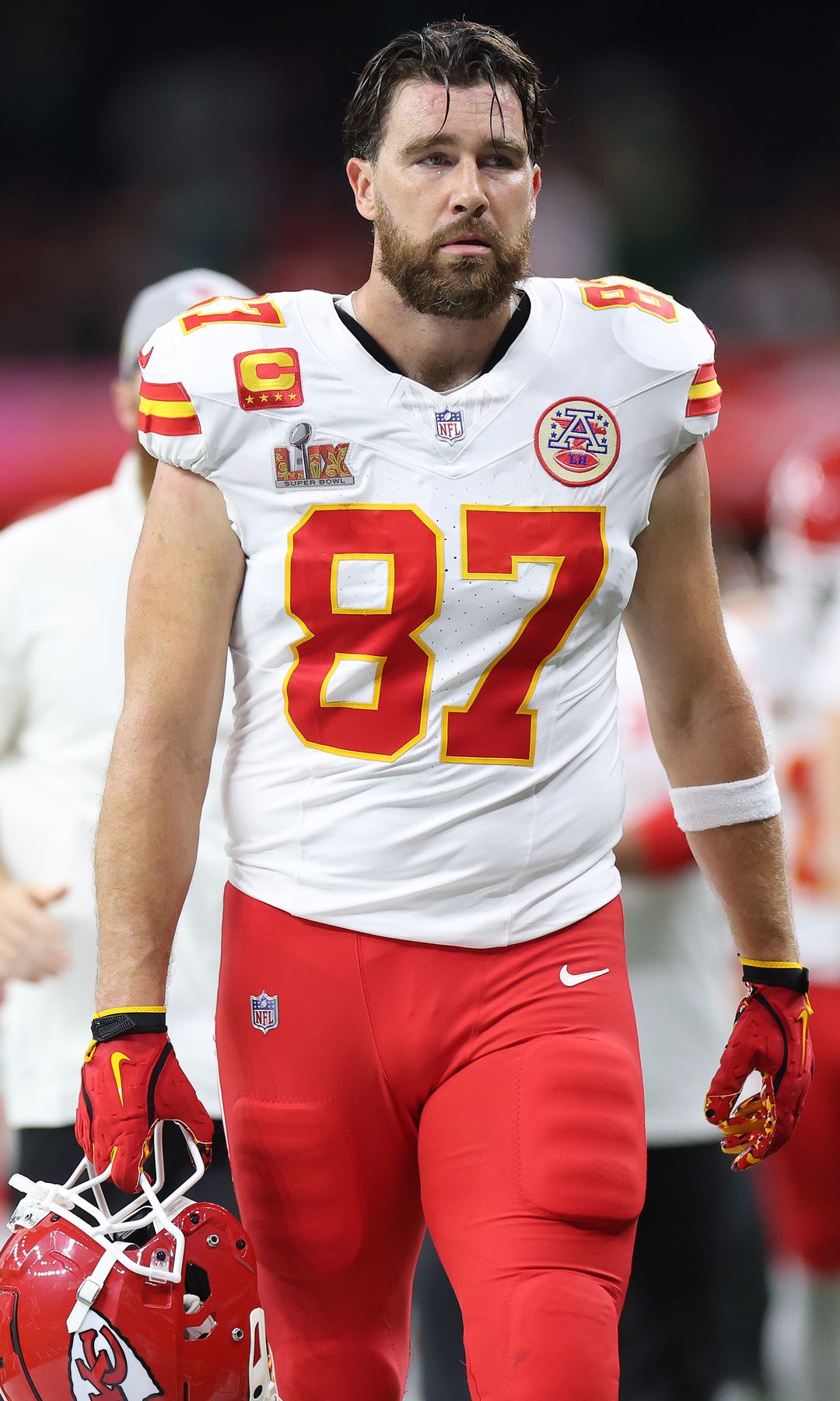 Travis Kelce of the Kansas City Chiefs looks on prior to Super Bowl LIX against the Philadelphia Eagles at Caesars Superdome on February 9, 2025 in New Orleans, Louisiana. (Photo by Cooper Neill/Getty Images)