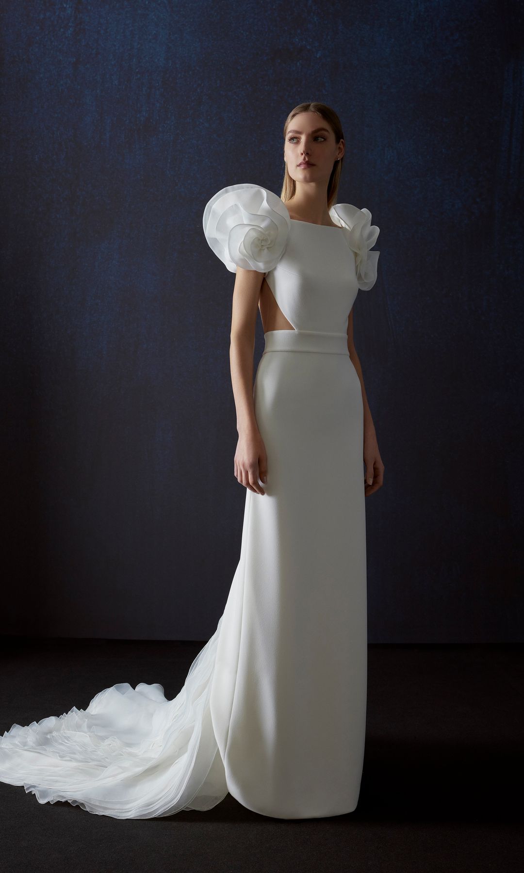 Vestido de novia con mangas flor de Pronovias