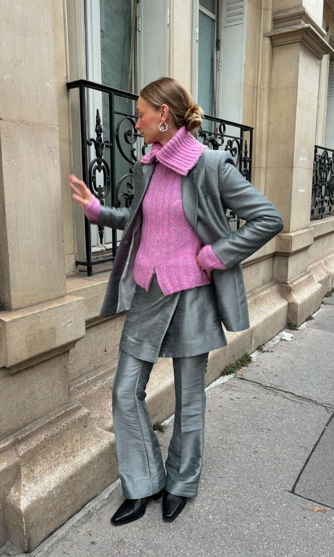 total metallic look and pink sweater