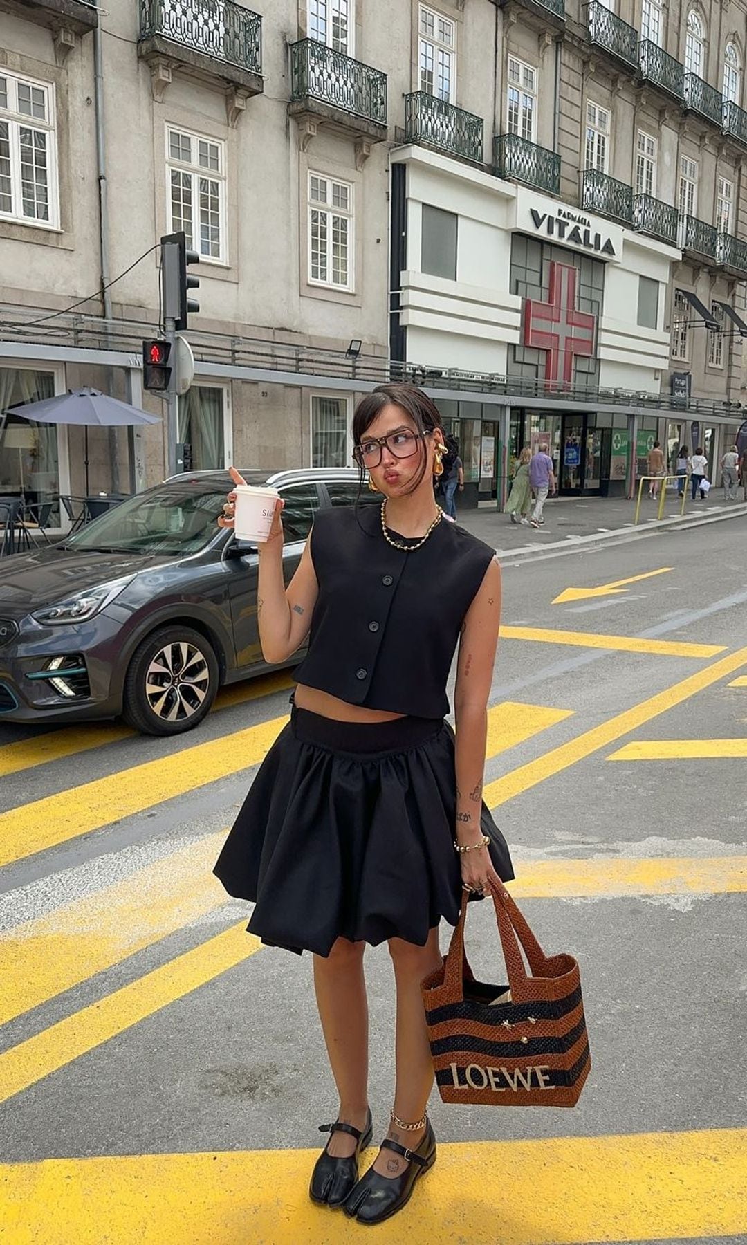 Black vest and black balloon skirt