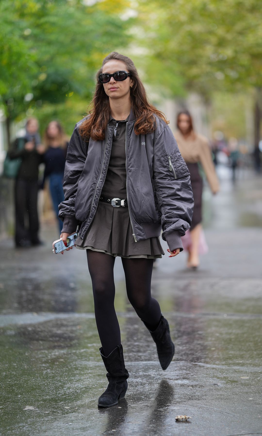 Gray bomber with miniskirt and black boots