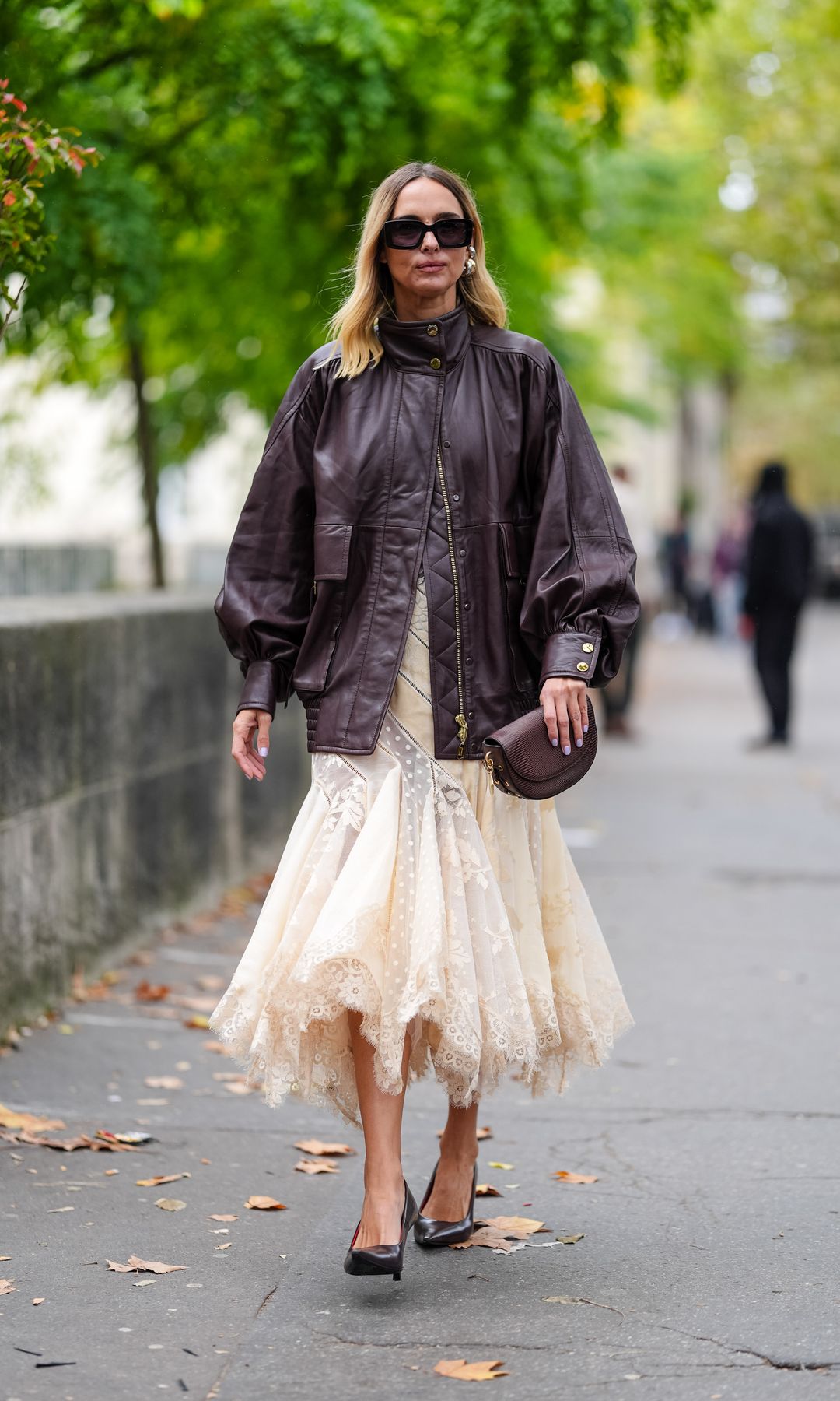 Oversized bomber with ruffled midi dress