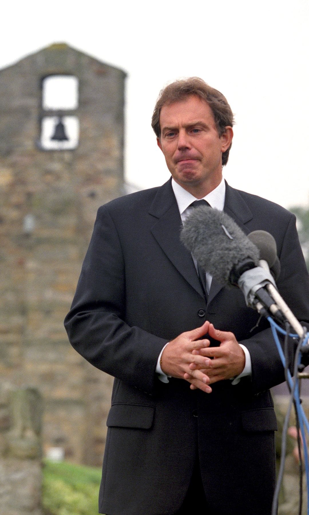 Prime Minister Tony Blair addresses the nation from his home village at Trimdon near Newcastle following the news of the death of Diana, Princess of Wales after a high speed car crash in Paris. The Princess died in hospital in the early hours of the morning. Her companion, Dodi Fayed and their driver were pronounced dead at the scene.   (Photo by Owen Humphreys - PA Images/PA Images via Getty Images)