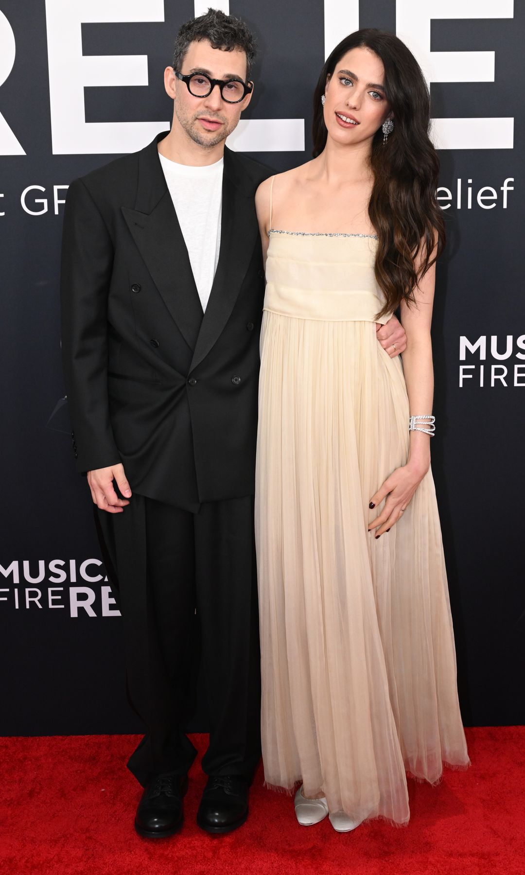 Jack Antonoff and Margaret Qualley at The 67th Annual Grammy Awards, airing live from Crypto.com Arena in Los Angeles, California, Sunday, Feb. 2