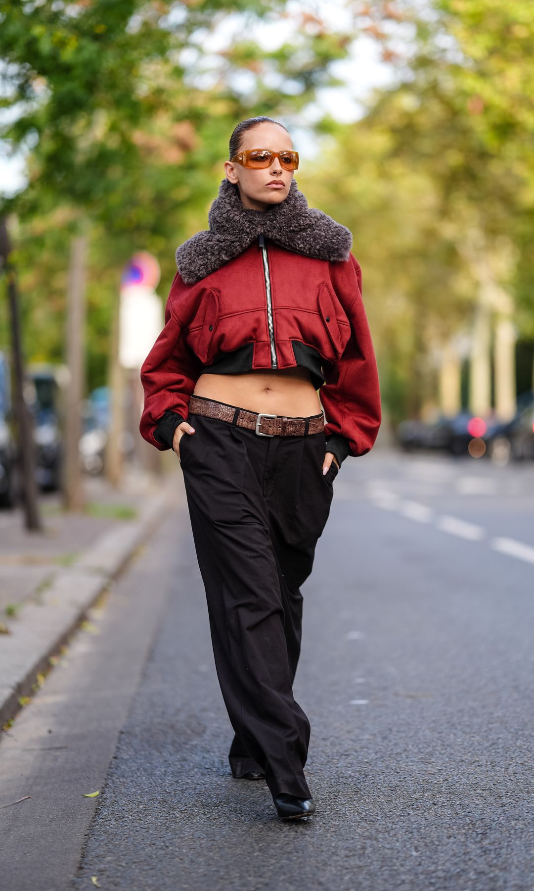 cropped burgundy bomber and pleated pants