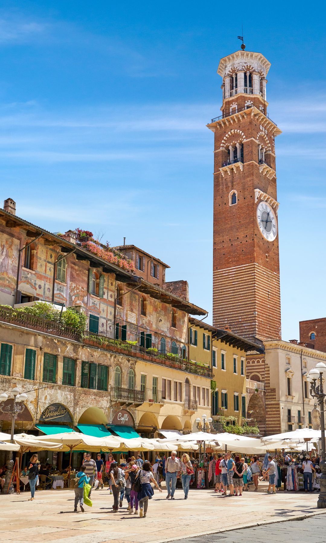 Piazza delle Erbe in Verona with the Lamberti tower