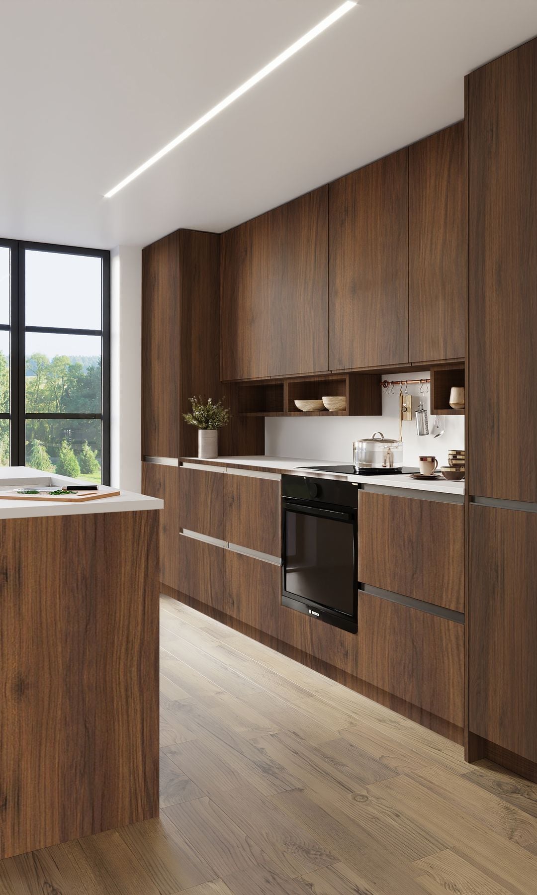 Open kitchen with small island and dark wood furniture