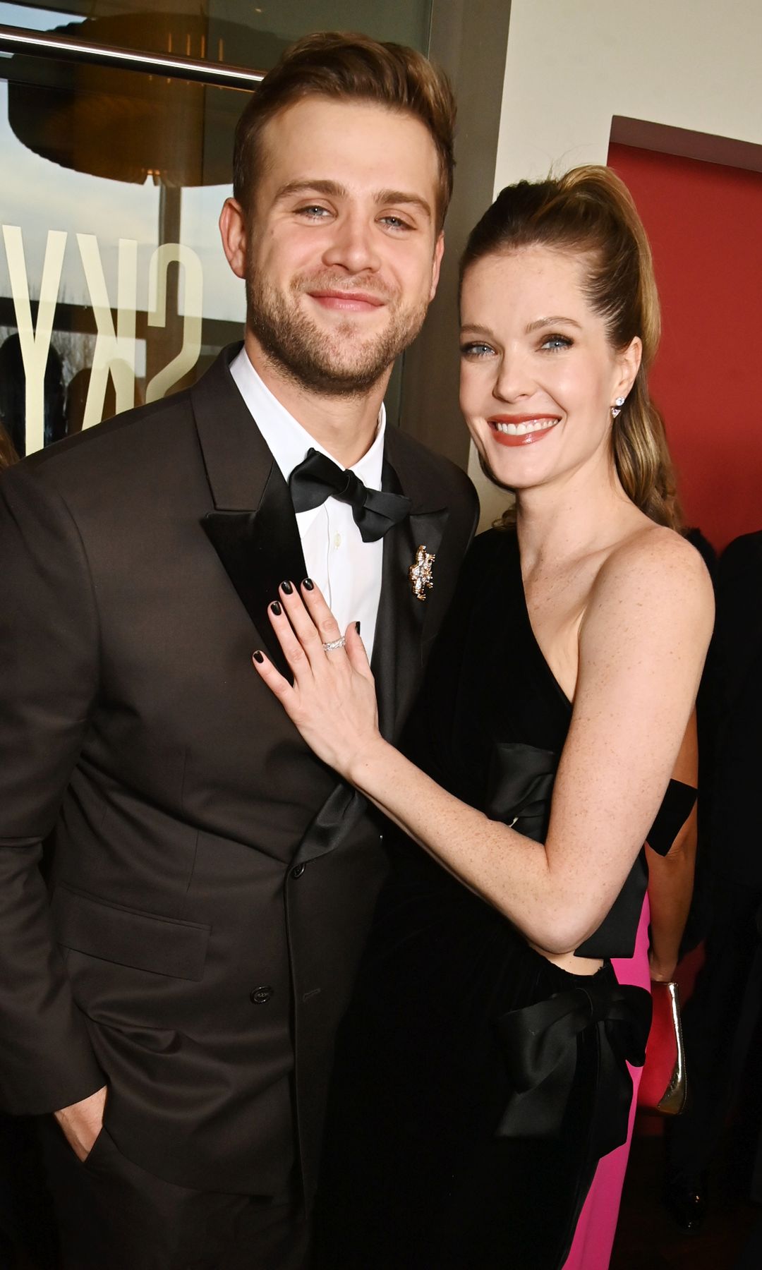 Leo Woodall and Meghann Fahy attend the EE BAFTA Film Awards 2025 Champagne Reception at The Royal Festival Hall on February 16, 2025 in London, England