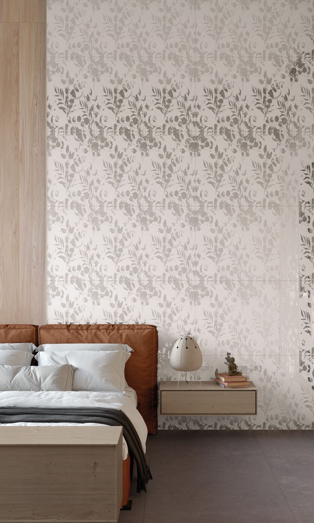 Dormitorio con pared decorada con cerámica