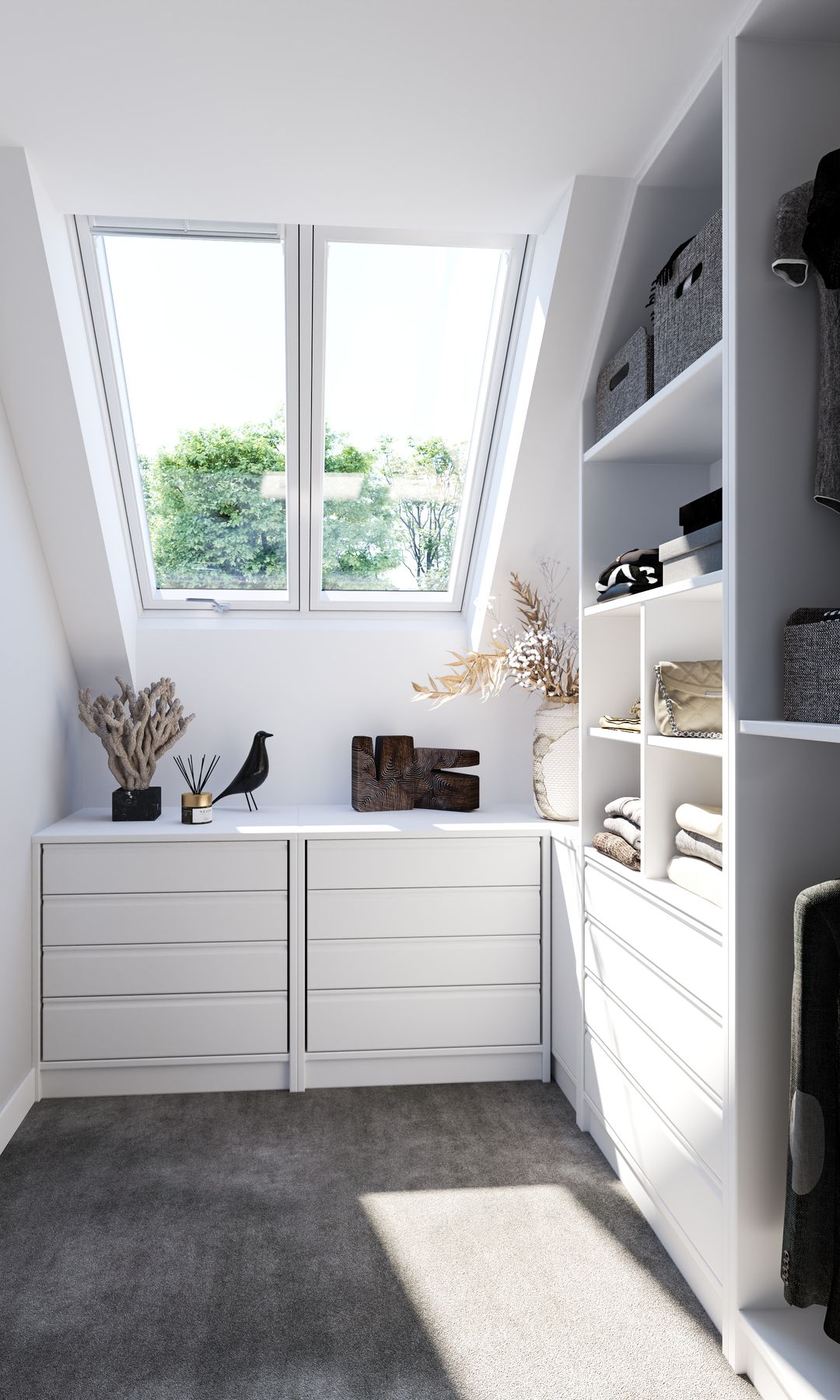 Vestidor abuhardillado blanco con ventana de techo Velux