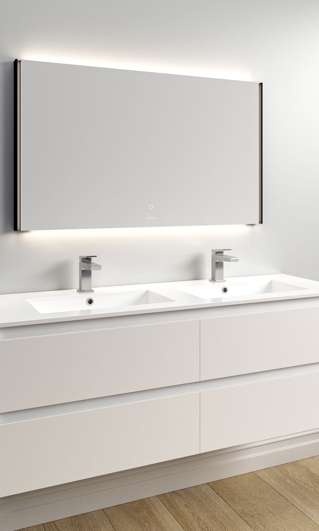 Baño con lavamanos doble, mueble suspendido blanco y espejo retroiluminado