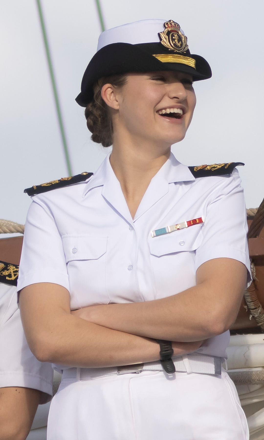 Crown Princess Leonor of Spain (C) stands with fellow crew members as they leave at Las Palmas de Gran Canaria port on January 23, 2025 in Las Palmas de Gran Canaria, Spain. Princess Leonor will take part in a training cruise as part of her military education, sailing on "Juan sebastian de Elcano" ship, alongside 76 midshipmen and visiting eight countries on a six-month journey covering over 17,000 nautical miles. (Photo by RubÃ©n GrimÃ³n/Getty Images)