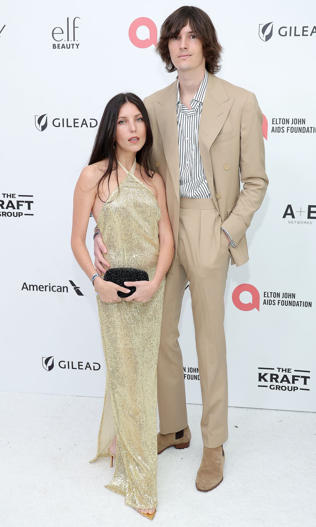 Avery Wheless and Dylan Brosnan attend the Elton John AIDS Foundation's 33rd Annual Academy Awards Viewing Party on March 02, 2025 in West Hollywood, California. (Photo by Michael Loccisano/Getty Images for Elton John AIDS Foundation)