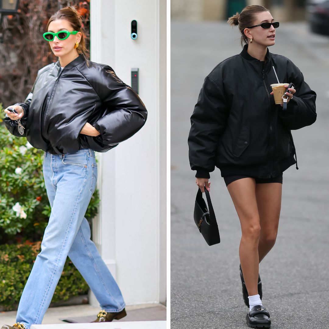 10 maneras de lucir la 'bomber jacket' de cuero al estilo de Hailey Bieber