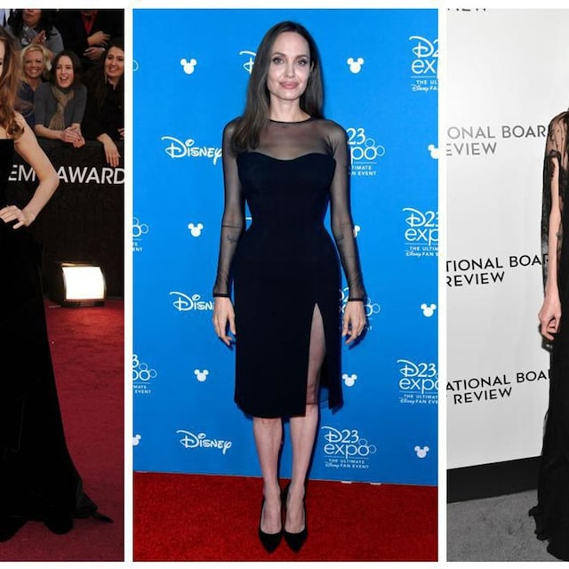 collage de look de vestidos negros que ha lucido angelina jolie en red carpets